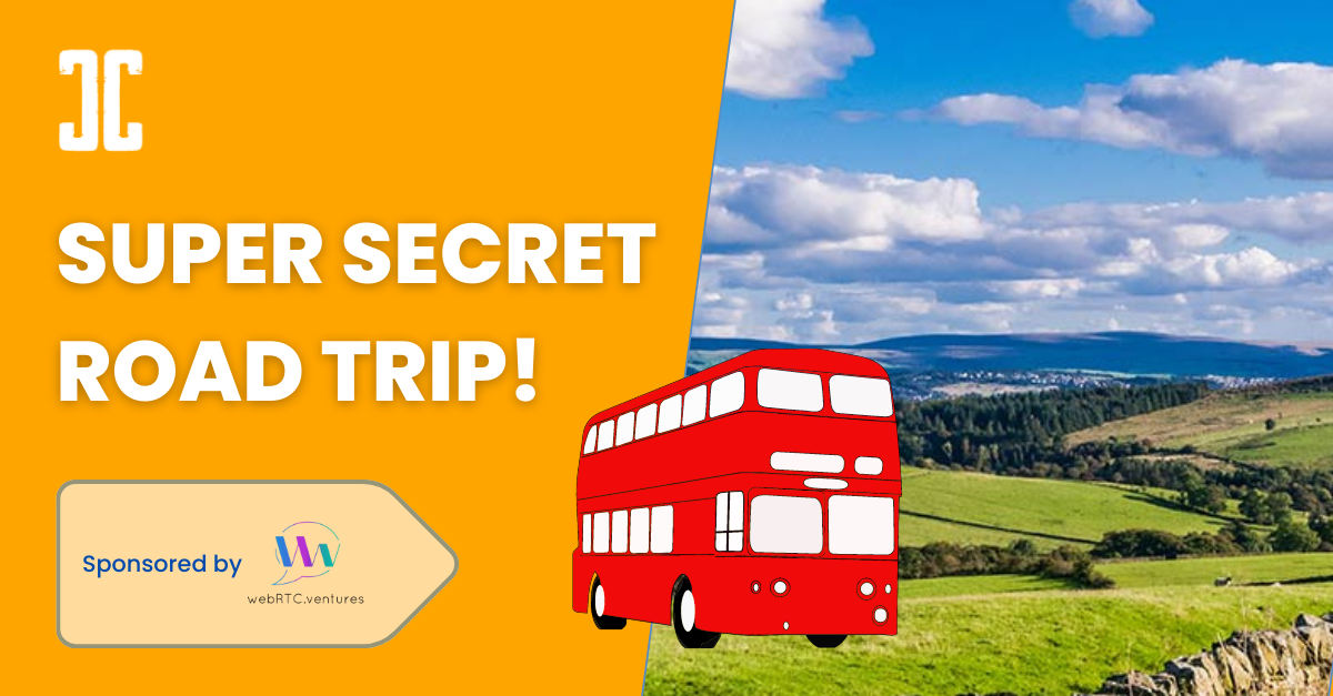 Super Secret Road Trip graphic with a red bus, Lancashire countryside and text 'sponsored by WebRTC.Ventures