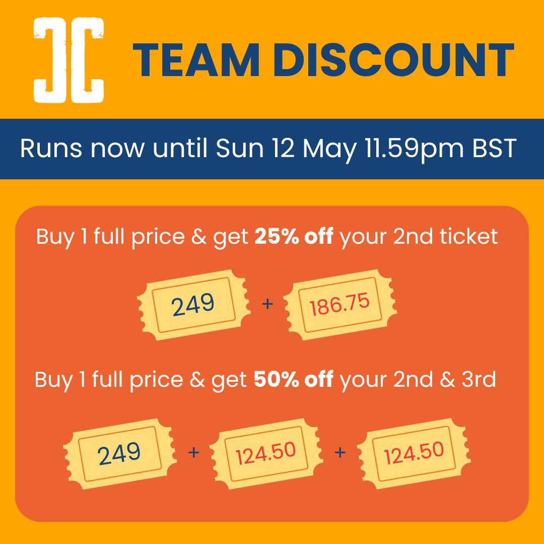 Orange graphic with CommCon logo, the text 'Team Discount', 'Runs now until Sun 12 May 11.59pm BST'. Buy 1 full price, get 25% off your 2nd ticket. Buy 1 full price, get 50% off your 2nd & 3rd. 
