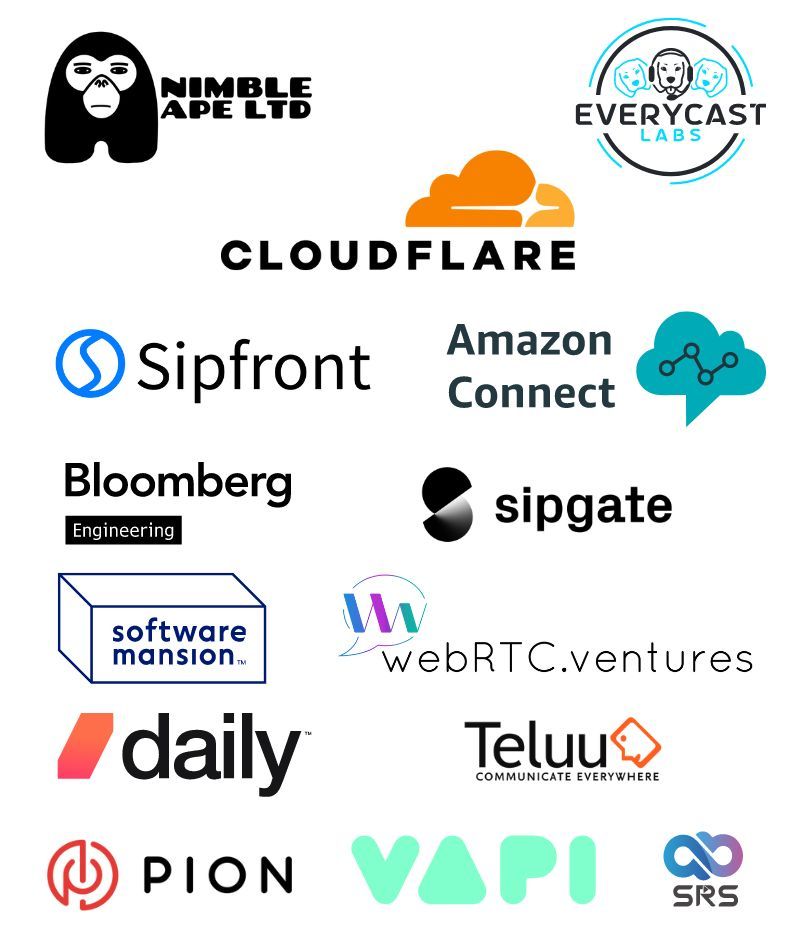 Sponsors image with logos for Nimble Ape, Everycast Labs, Cloudflare, Amazon Connect, Sipfront, Bloomberg Engineering, Sipgate, Software Mansion, WebRTC.Ventures, Teluu, Daily, Pion, VAPI and SRS
