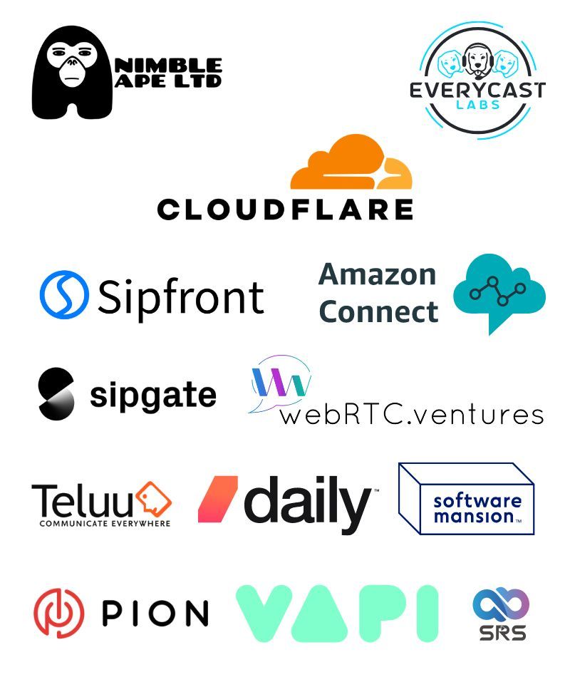 Sponsors image with logos for Nimble Ape, Everycast Labs, Cloudflare, Amazon Connect, Sipfront, Sipgate, WebRTC.Ventures, Teluu, Daily, Software Mansion, Pion, VAPI and SRS