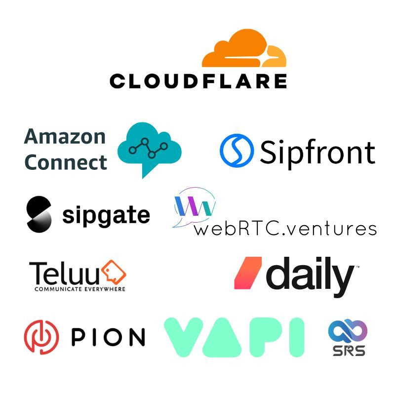 Sponsors image with logos for Cloudflare, Amazon Connect, Sipfront, Sipgate, WebRTC.Ventures, Teluu, Daily, Pion, VAPI and SRS